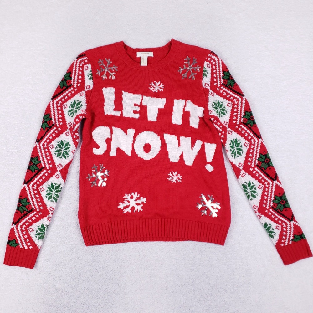 Forever 21 Womens Red Let It Snow Ugly Christmas Sweater Sequin Fair Isle Small